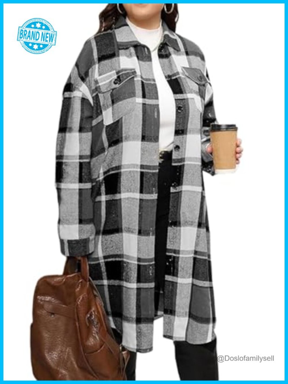 Plus Size Plaid Flannel Shacket Oversized Button Down Long Shirt Jacket